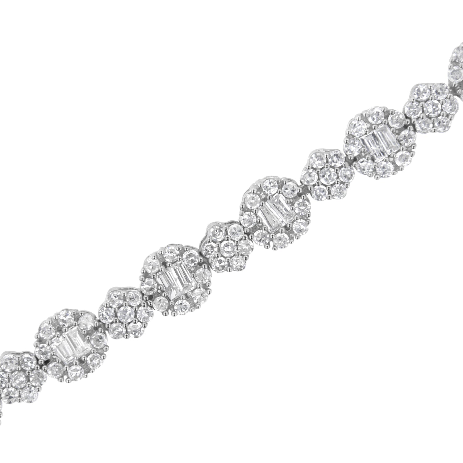 10K White Gold 4.0 cttw Brilliant Round-cut and Baguette Diamond Floral Cluster Link Bracelet (I-J Clarity, I1-I2 Color) - Size 7" 