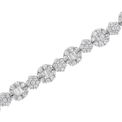 10K White Gold 4.0 cttw Brilliant Round-cut and Baguette Diamond Floral Cluster Link Bracelet (I-J Clarity, I1-I2 Color) - Size 7" 