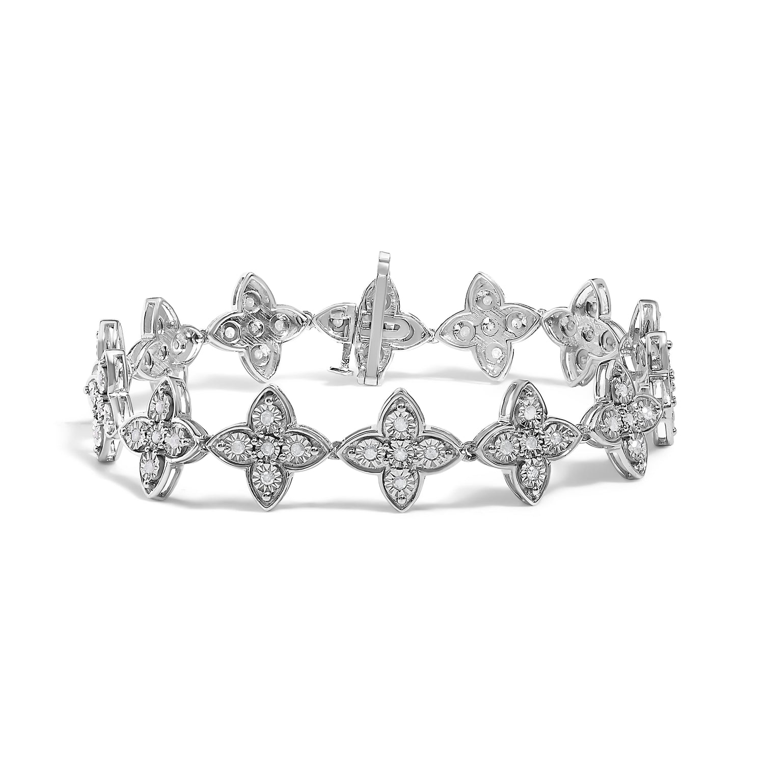 .925 Sterling Silver 1.0 cttw Miracle-Set Diamond 4 Leaf Clover Link Bracelet (I-J Clarity, I3 Color) - Size 7.25"  DestGlow