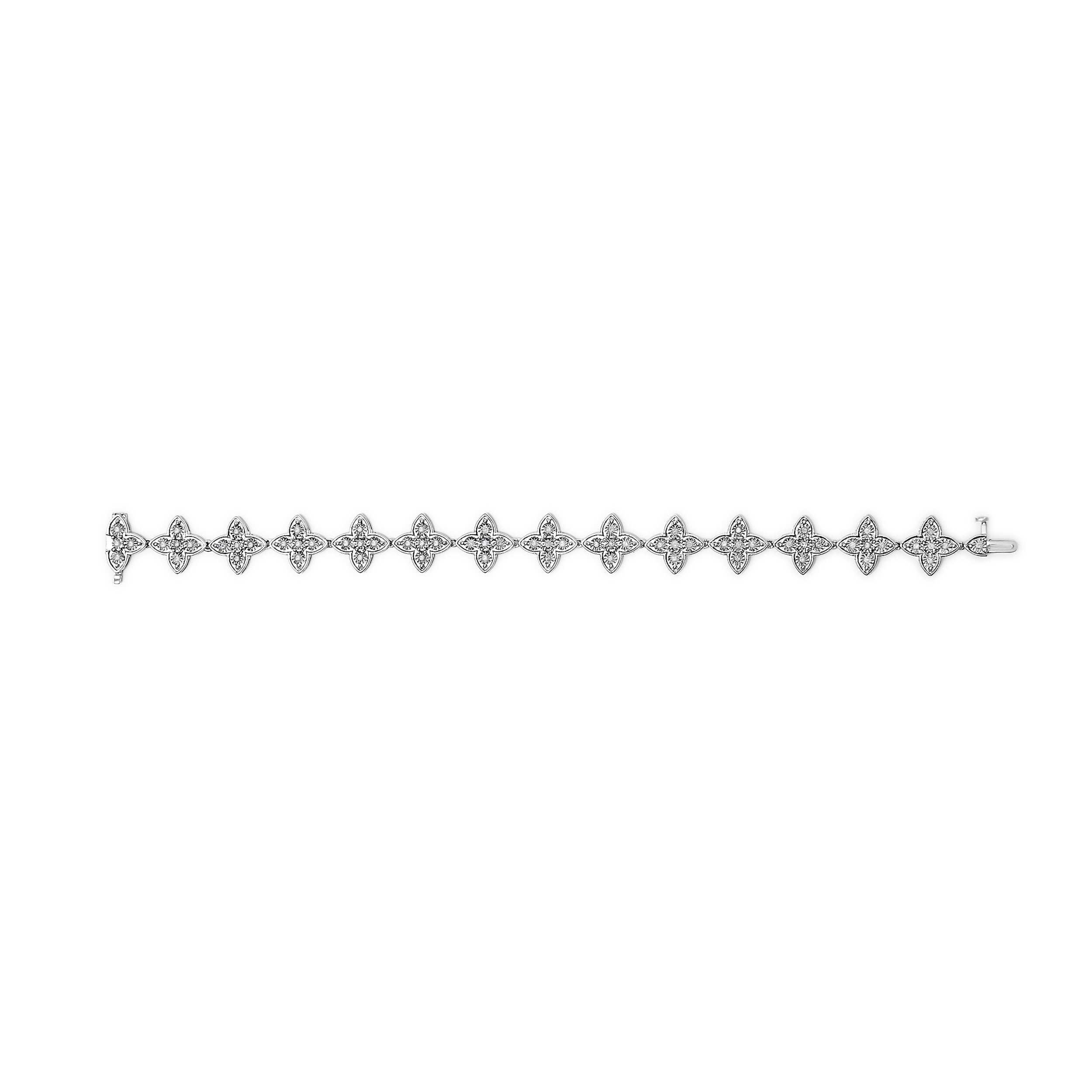 .925 Sterling Silver 1.0 cttw Miracle-Set Diamond 4 Leaf Clover Link Bracelet (I-J Clarity, I3 Color) - Size 7.25"  DestGlow