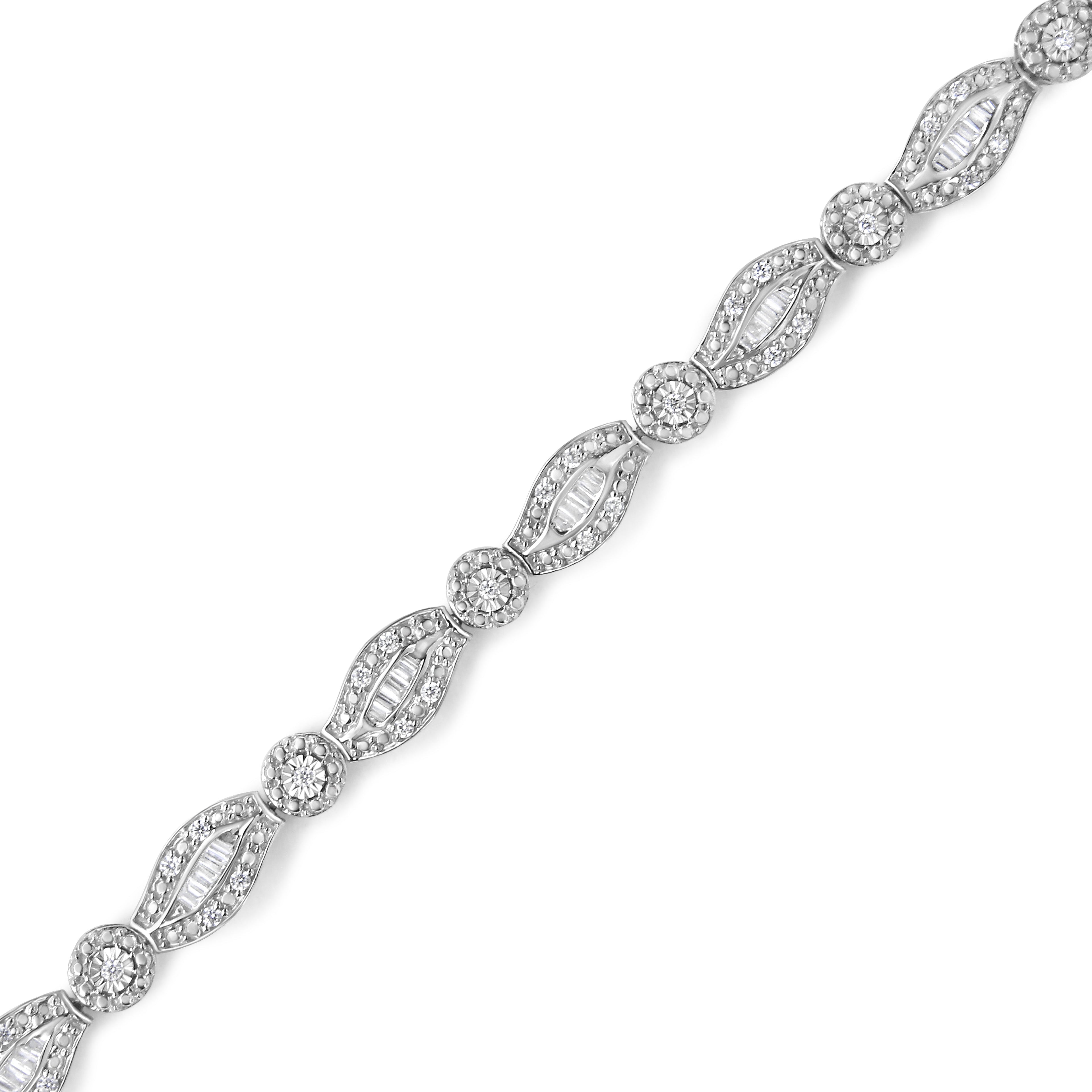 .925 Sterling Silver 1 cttw Diamond Double Leaf and Bezel Link Bracelet (I-J Clarity, I2-I3 Color) - Size 7.25" by Bids.com