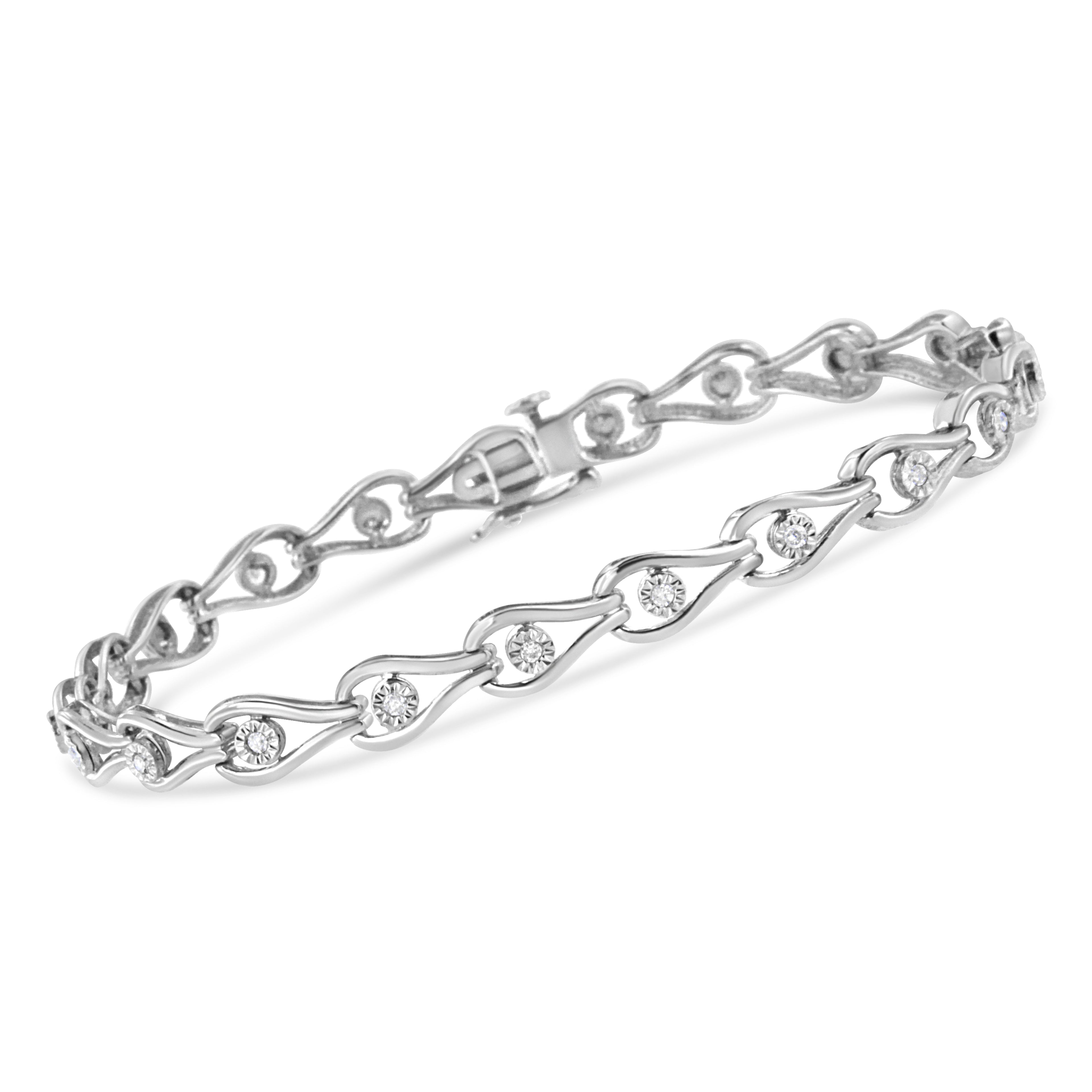 .925 Sterling Silver 1/10 Cttw Miracle-Set Diamond Pear Shape and Bezel Link Bracelet (I-J Color, I3 Clarity) - 7.25" by Bids.com