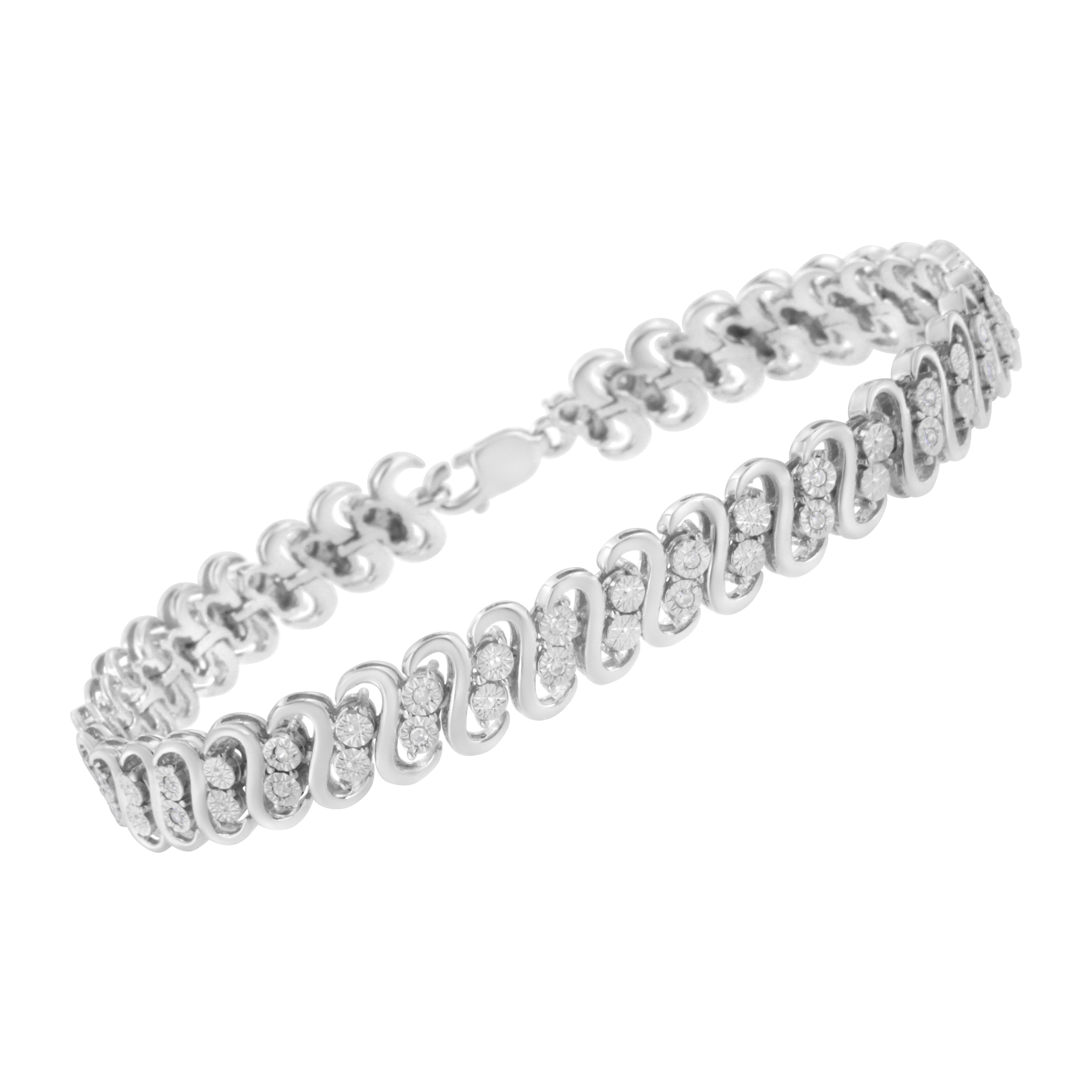 .925 Sterling Silver 1/4 cttw Round-Cut Diamond Double Row Wrapped S-Link Bracelet (I-J Color, I2-I3 Clarity) - Size 7.25" by Bids.com