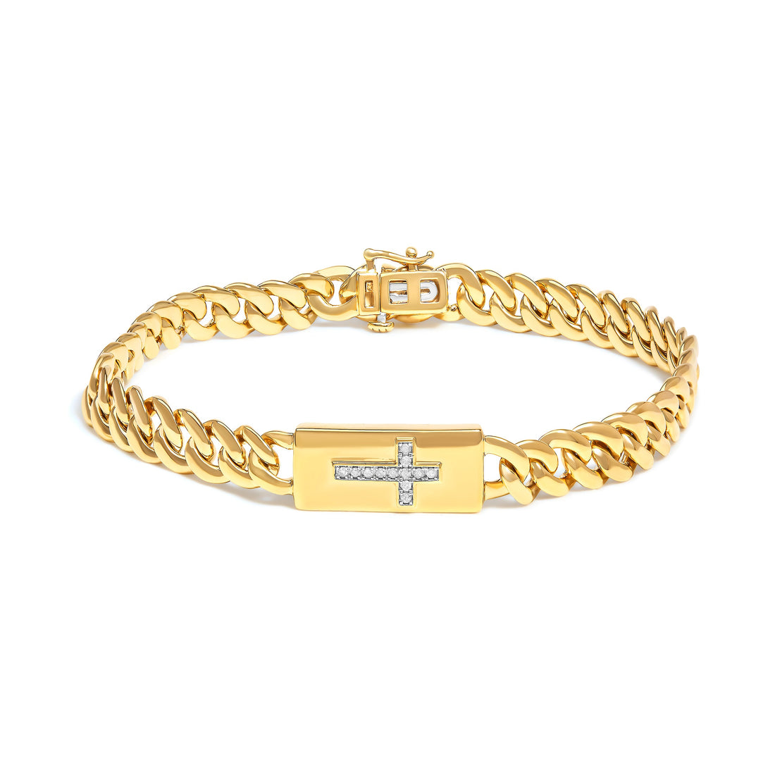 14K Yellow Gold Plated .925 Sterling Silver Diamond Accent Inlaid Cross Cuban Link Bracelet (I-J Color, I3 Clarity)- 7.25" by Bids.com