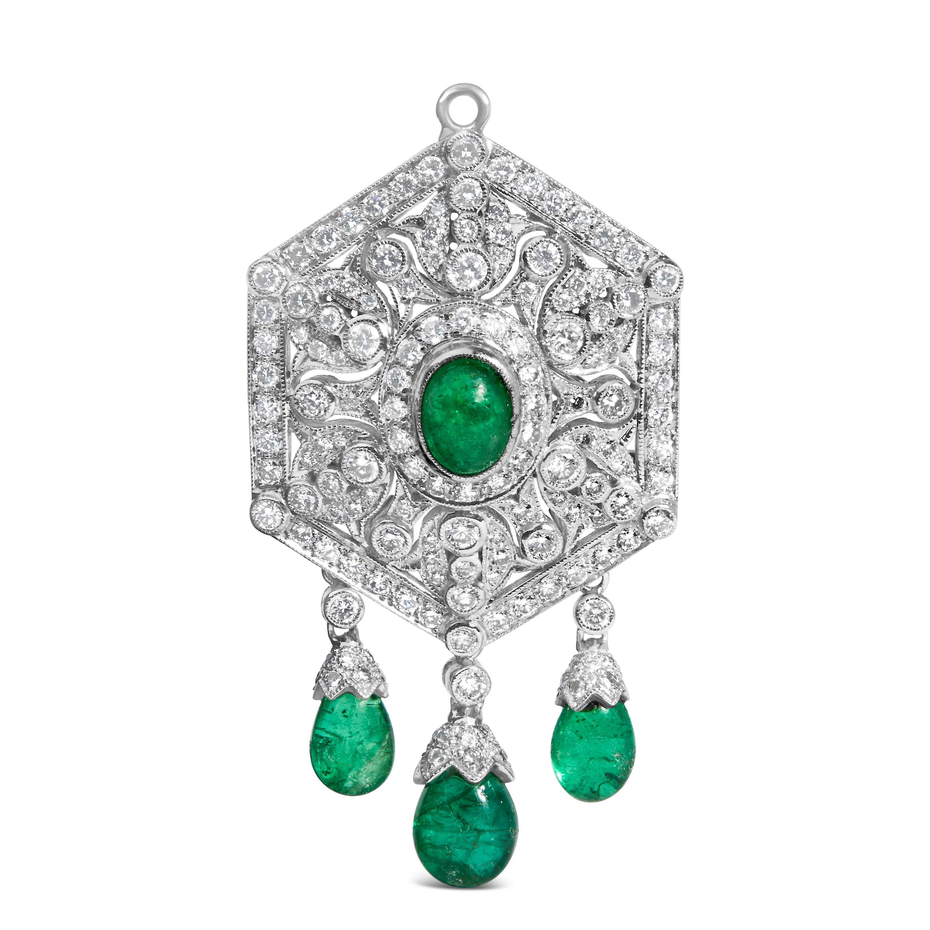 18K 2 3/4 Cttw Diamond and Emerald Dangle Art Deco Shield Brooch Pin Pendant (G-H Color, VS1-VS2 Clarity) CHAIN NOT INCLUDED by Bids.com