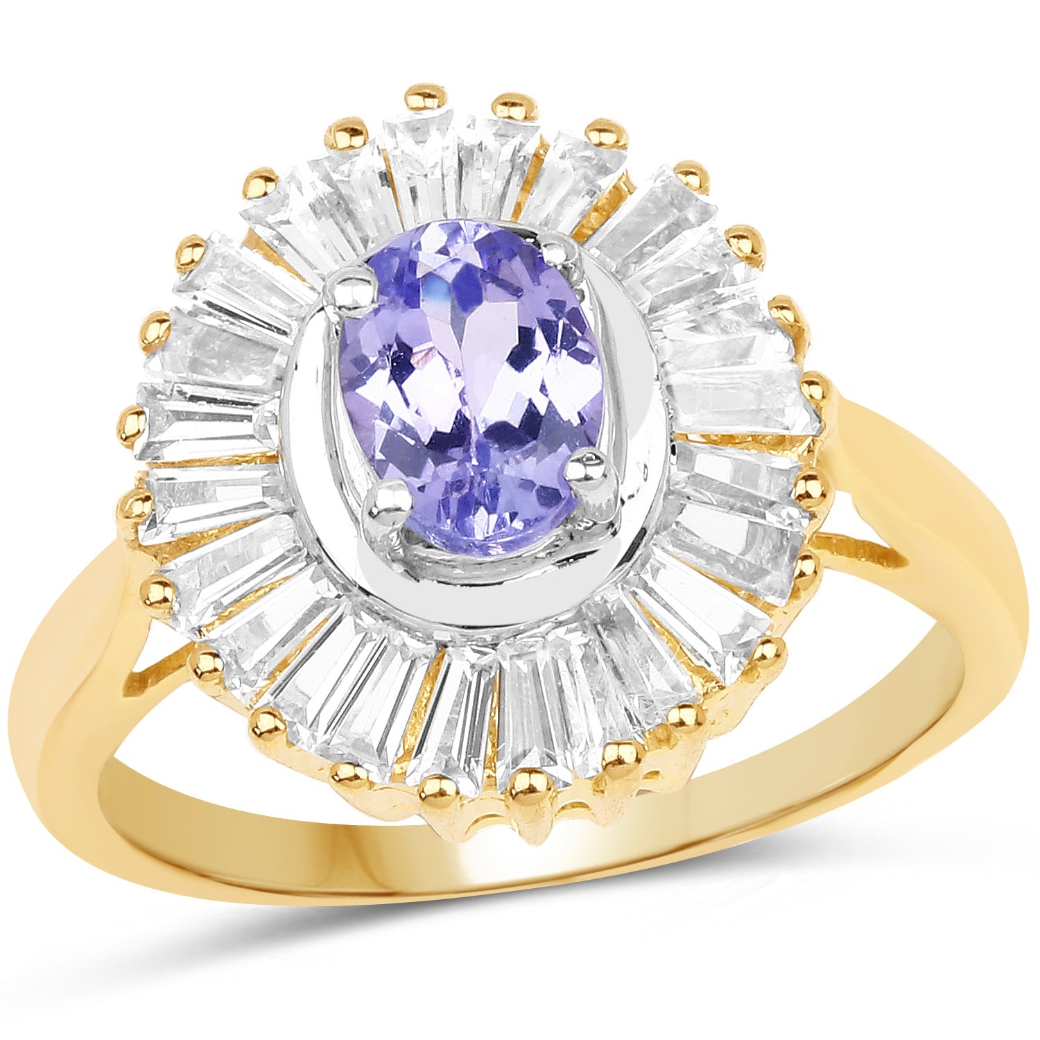 14K Yellow Gold Plated 2.16 Carat Genuine Tanzanite &amp; White Topaz .925 Sterling Silver Ring by Bids.com
