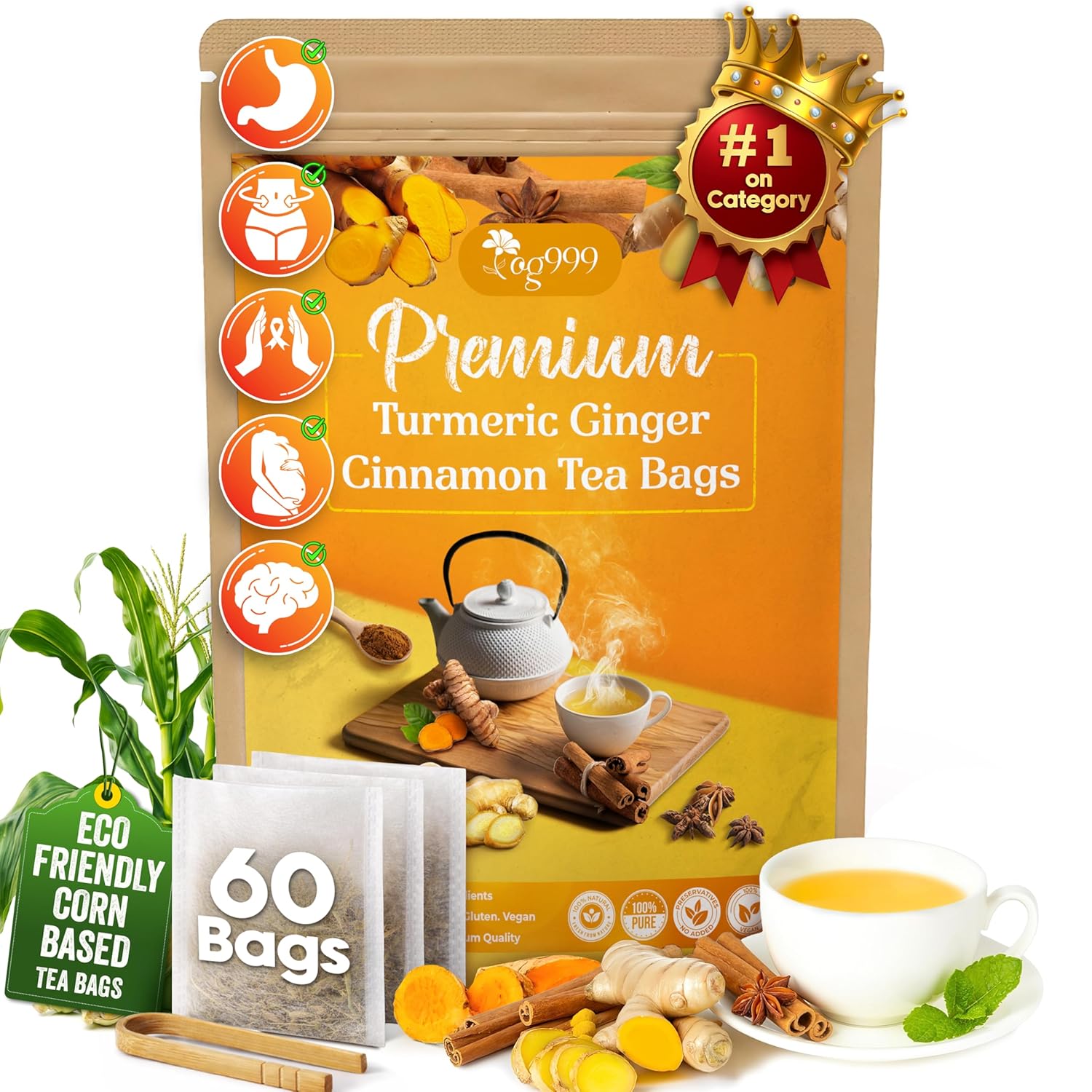 Turmeric, Ginger, Cinnamon Tea, Tea Bags, 100% Natural, Hand-made Blend of Turmeric, Ginger, and Cinnamon. Eco-conscious Tea Bags. Turmeric Ginger Herbal Tea. No Sugar, No Caffeine, No Gluten, Vegan. by FreshDrinkUS - Natural and Premium Herbal Tea