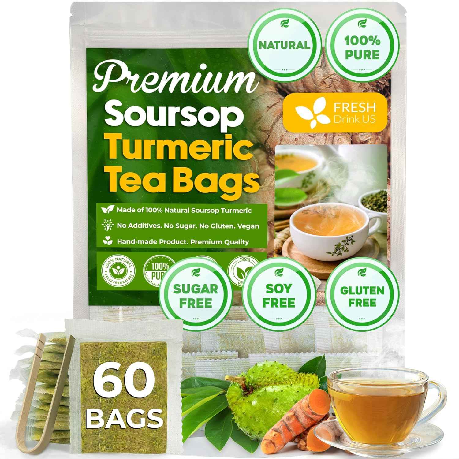Premium Soursop Turmeric Tea Bags | Blend of Soursop Leaves, and Turmeric Root