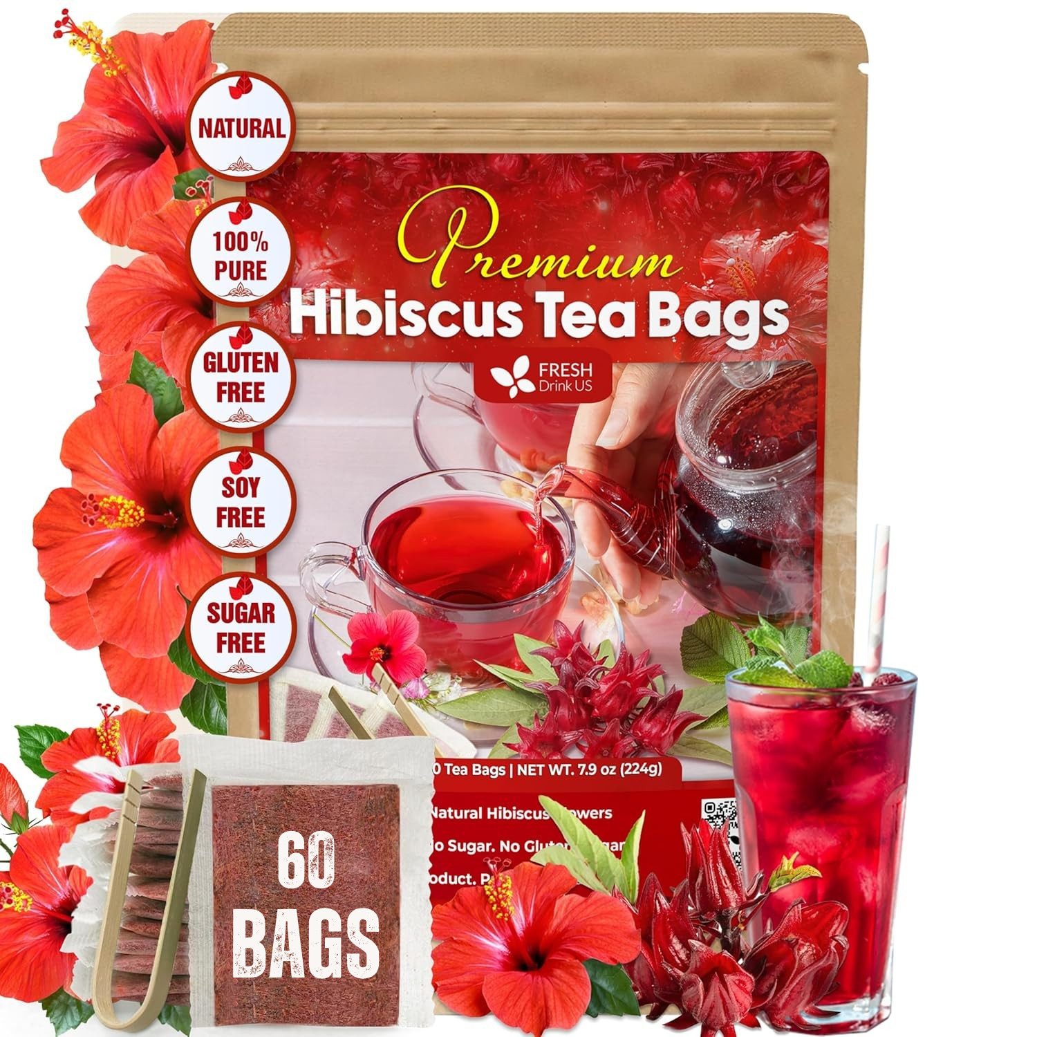Hibiscus Dried Flowers, Tea Bags, 100% Natural, Pure from Hibiscus Flowers. Loose Flower Hibiscus Herbal Tea. Hibiscus Flower Tea. No Sugar, No Caffeine, No Gluten, Vegan. by FreshDrinkUS - Natural and Premium Herbal Tea