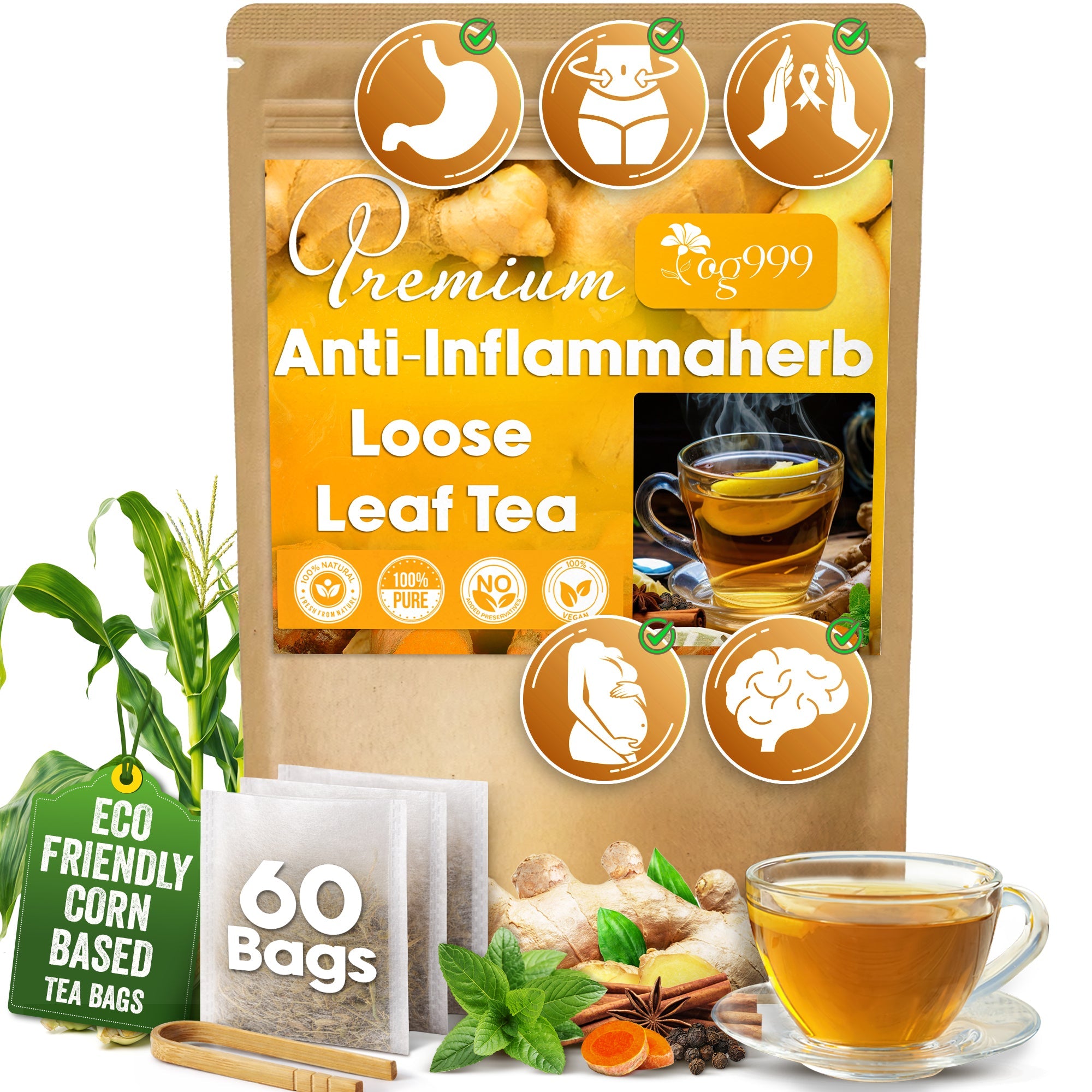 Anti-Inflammaheb Loose Leaf Tea, 100% Natural from Ginger, Turmeric, Peppermint, Black Pepper, Cinnamon by FreshDrinkUS - Natural and Premium Herbal Tea