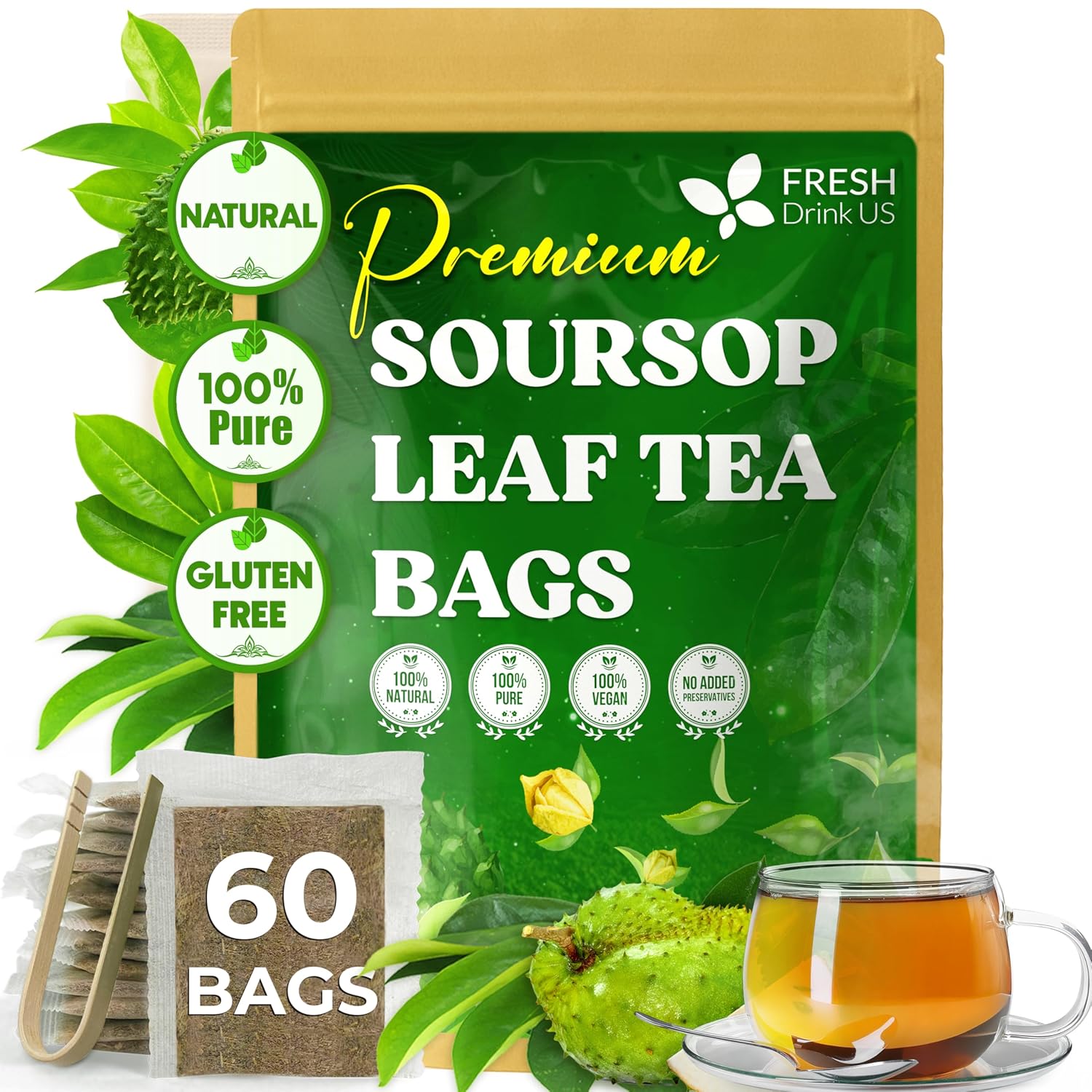 40 Premium Soursop Graviola Leaf Tea Bags, 100% Natural and Pure from Soursop Leaves, Handmade, Made With Natural Materials-Corn Fiber Tea Bag, Sugar/Caffeine/Gluten Free, Hoja Guanabana Tea by FreshDrinkUS - Natural and Premium Herbal Tea