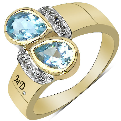 14K Yellow Gold Plated 1.86 Carat Genuine Blue Topaz, White Topaz &amp; White Diamond .925 Sterling Silver Ring by Bids.com