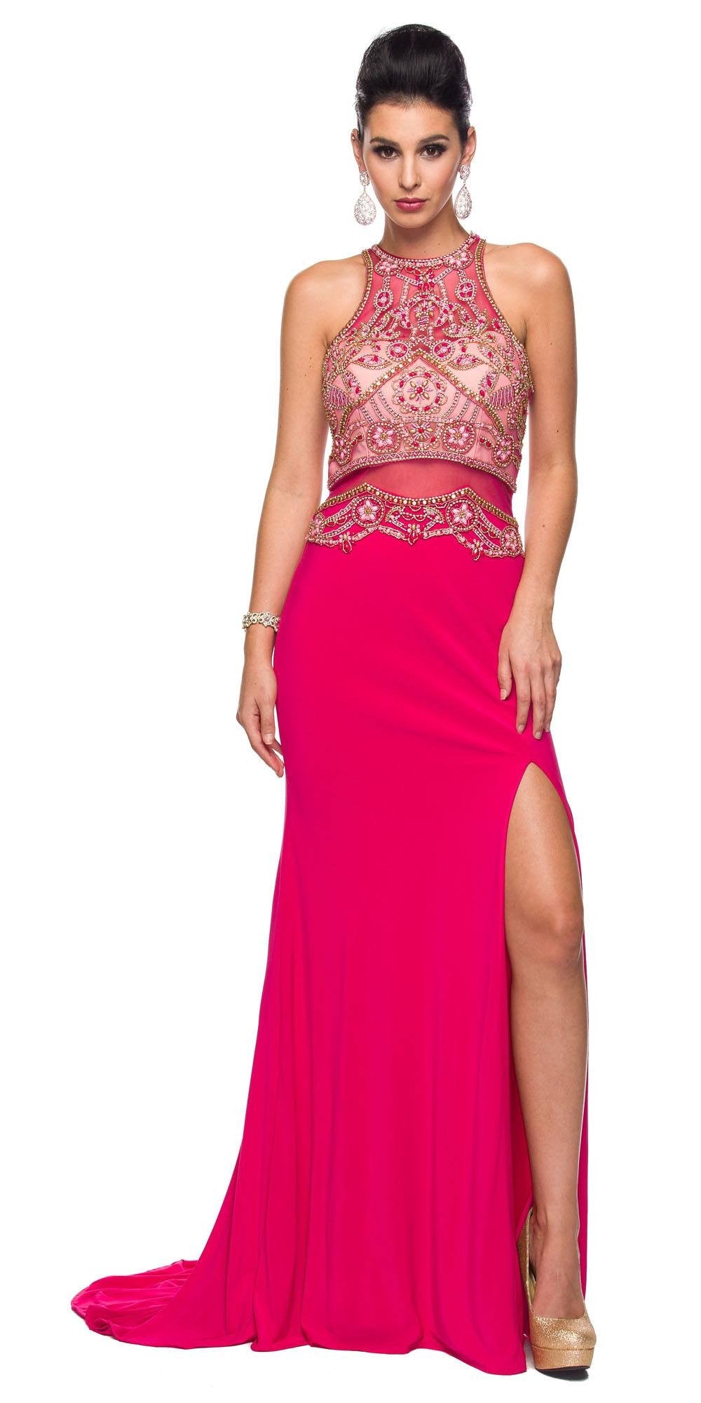 Juliet 617 Embellished Bodice Sheer Midriff Evening Gown by DiscountDressShop