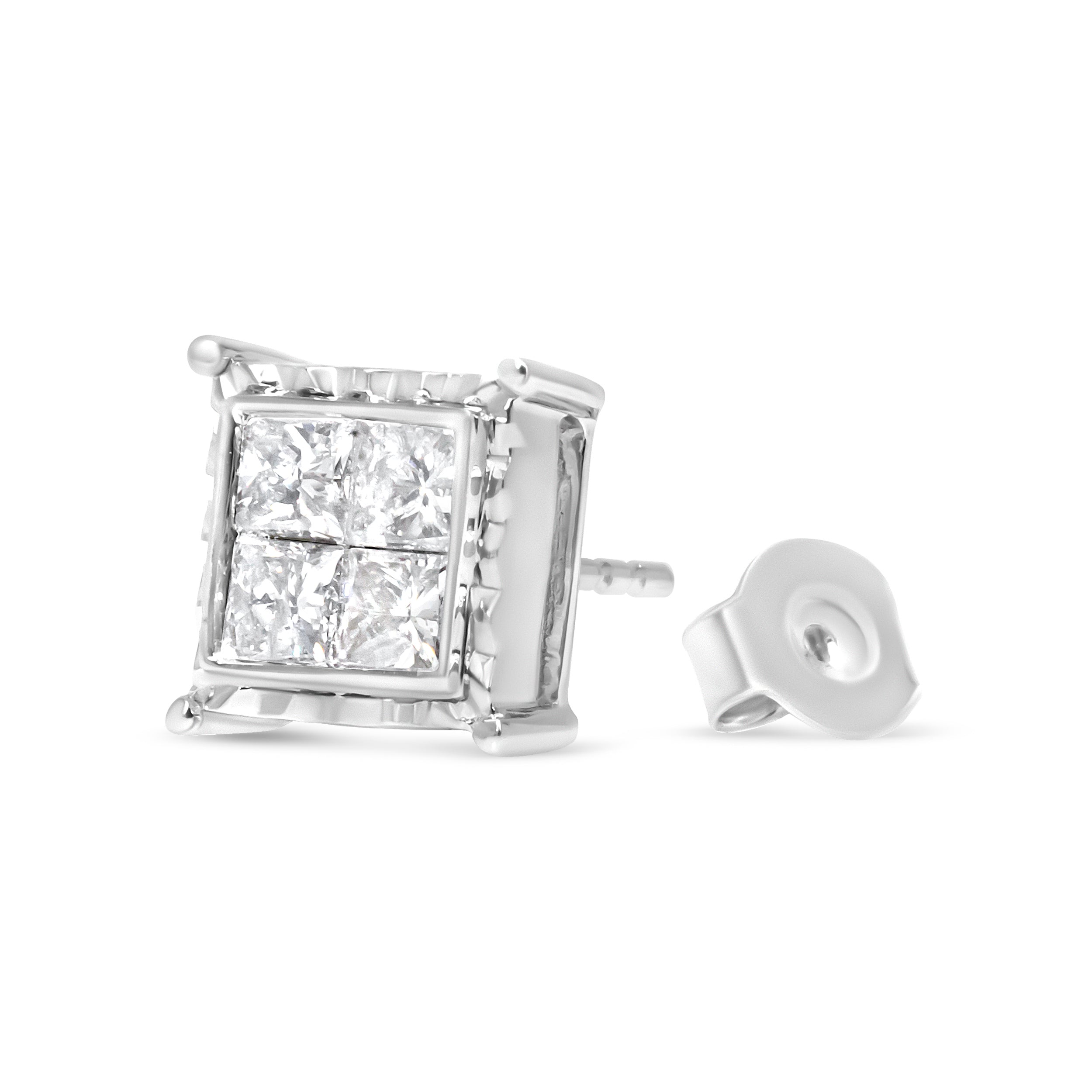 14K White Gold 1 1/2 Cttw Invisible Set Princess-Cut Diamond Contemporary Wavy Quad Stud Earrings (I-J Color, I1-I2 Clarity) by Bids.com
