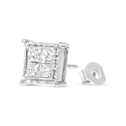 14K White Gold 1 1/2 Cttw Invisible Set Princess-Cut Diamond Contemporary Wavy Quad Stud Earrings (I-J Color, I1-I2 Clarity) by Bids.com