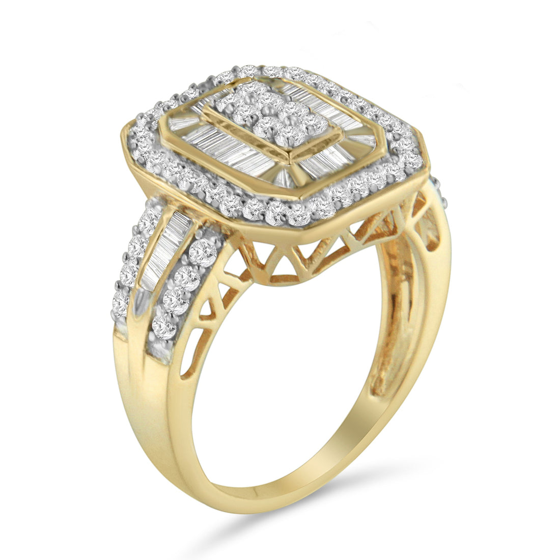 10K Yellow Gold 1.0 Cttw Diamond Vintage Inspired Baguette-Cut Double Halo Emerald-Shaped Frame Cocktail Ring (I-J Color, I1-I2 Clarity) - Size 6-1/2 by Bids.com