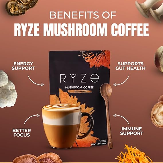 RYZE SUPERFOODS Mushroom Coffee Dark Roast, 6 Adaptogenic Mushrooms &amp; Prebiotic Blend, Instant Coffee Supports Energy, Focus, Digestion &amp; Immunity, Lions Mane &amp; Turkey Tail, 30 Servings.  DestGlow
