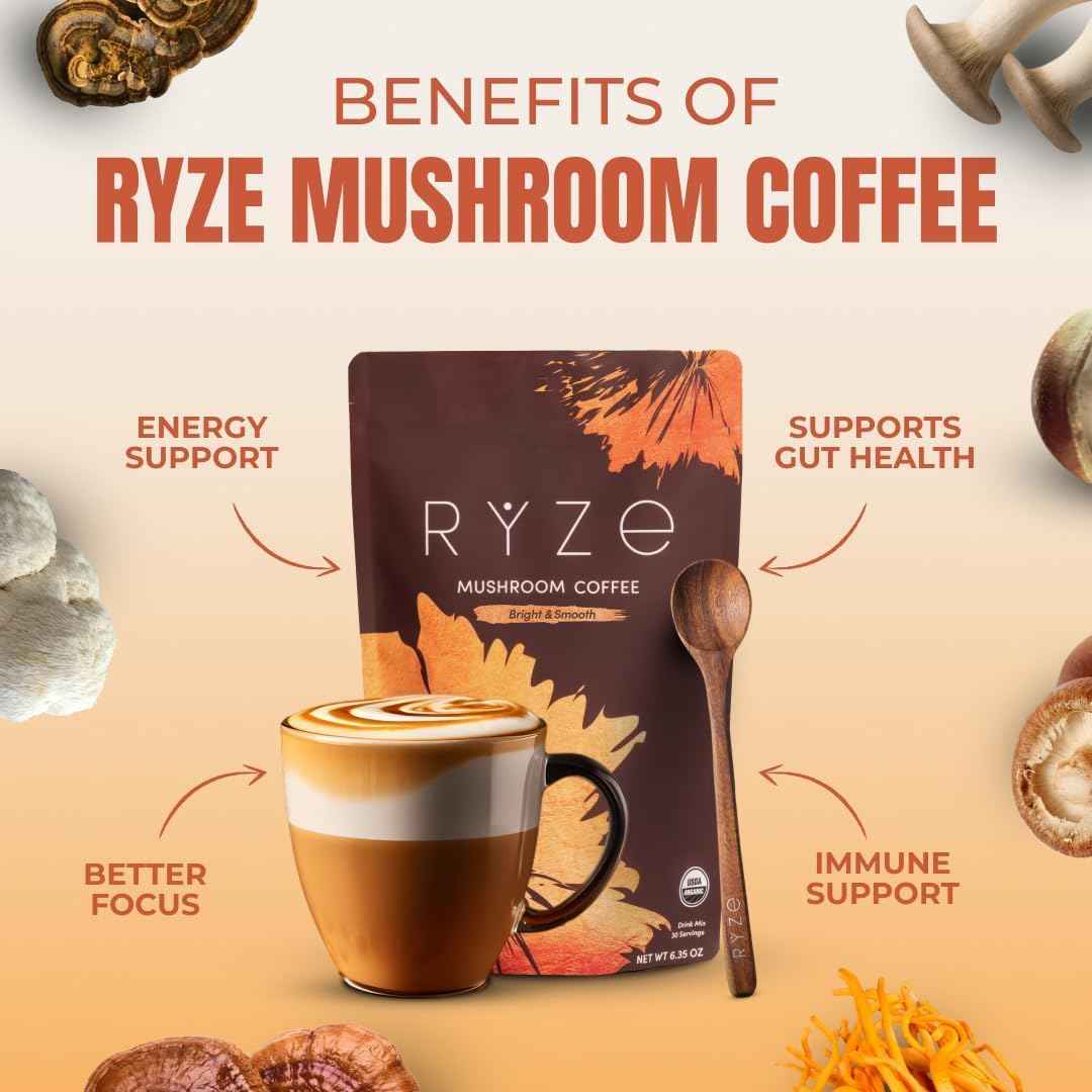 RYZE SUPERFOODS Mushroom Medium Roast Coffee Starter Kit, USDA Organic Instant Coffee with 6 Adaptogenic Mushrooms and for Energy, Focus, Digestion, Immunity with Lions Mane &amp; Turkey Tail 30 Serving
