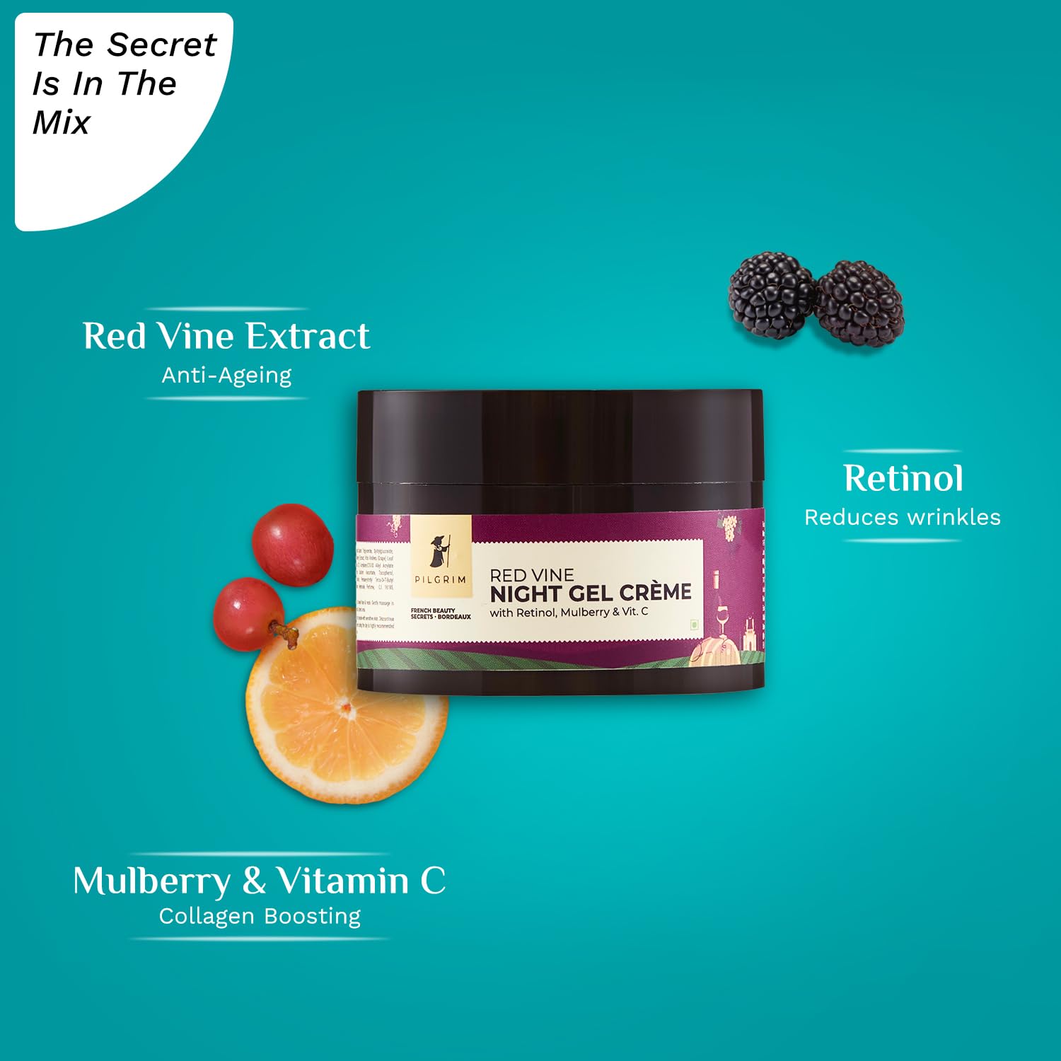 Pilgrim French Red Vine Anti Aging Night Cream with Retinol, Mulberry &amp; Vitamin C For Glowing Skin &amp; Skin Repair