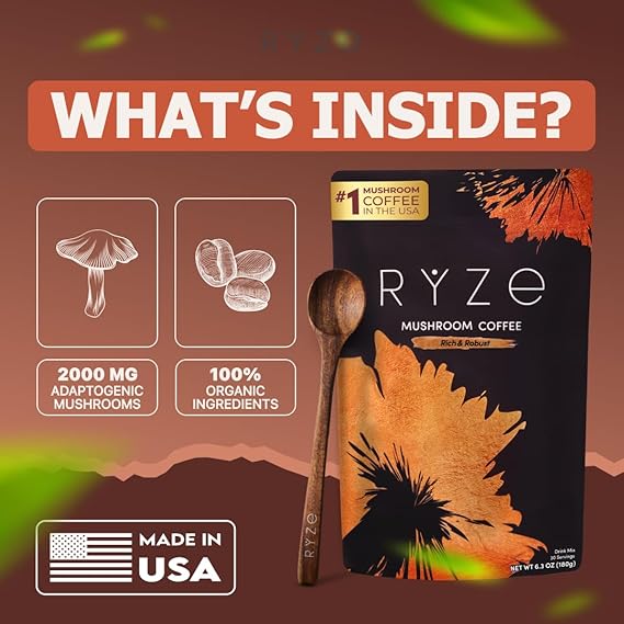 RYZE SUPERFOODS Mushroom Coffee Dark Roast, 6 Adaptogenic Mushrooms &amp; Prebiotic Blend, Instant Coffee Supports Energy, Focus, Digestion &amp; Immunity, Lions Mane &amp; Turkey Tail, 30 Servings.  DestGlow