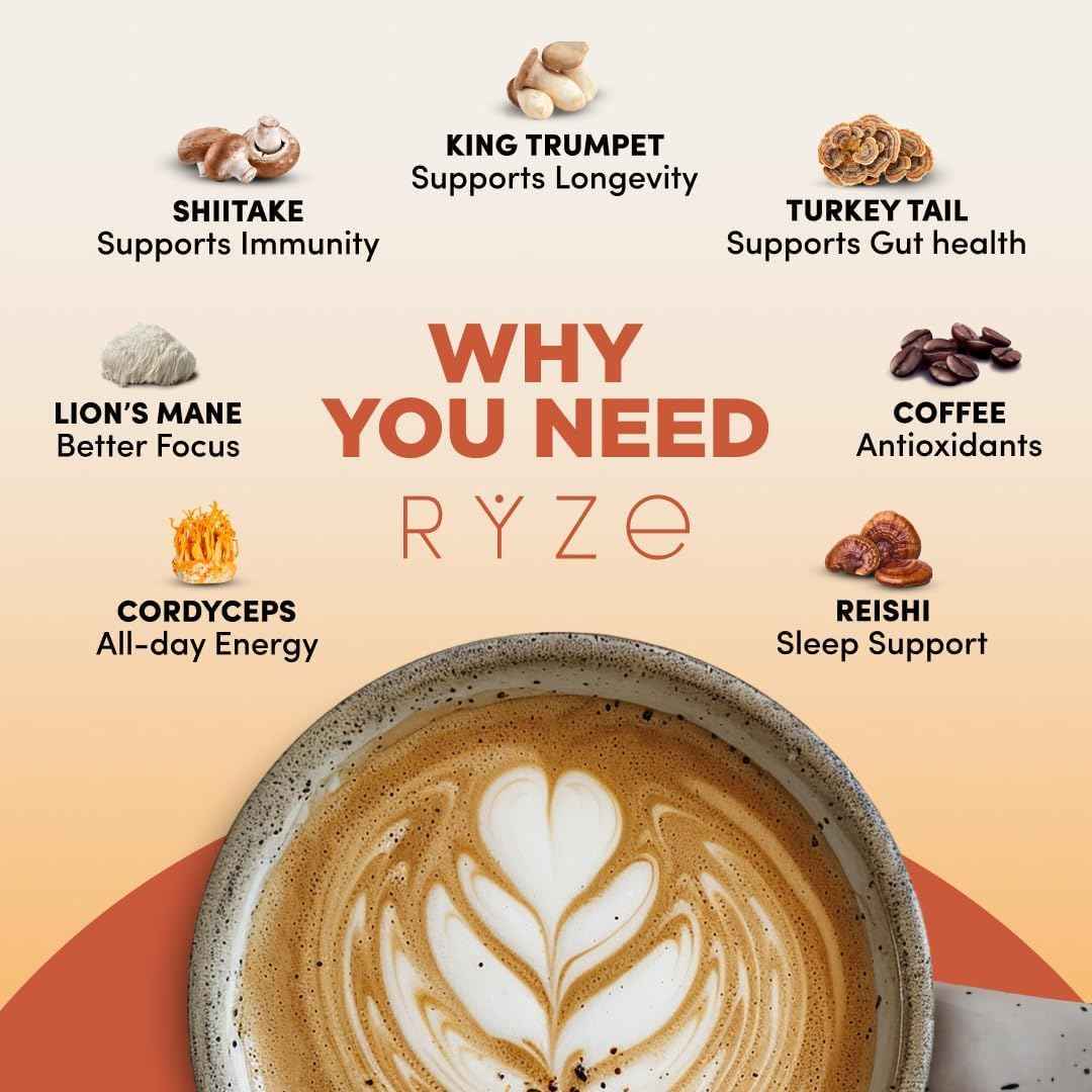 RYZE SUPERFOODS Mushroom Medium Roast Coffee Starter Kit, USDA Organic Instant Coffee with 6 Adaptogenic Mushrooms and for Energy, Focus, Digestion, Immunity with Lions Mane &amp; Turkey Tail 30 Serving