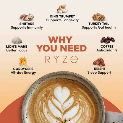 RYZE SUPERFOODS Mushroom Medium Roast Coffee Starter Kit, USDA Organic Instant Coffee with 6 Adaptogenic Mushrooms and for Energy, Focus, Digestion, Immunity with Lions Mane &amp; Turkey Tail 30 Serving