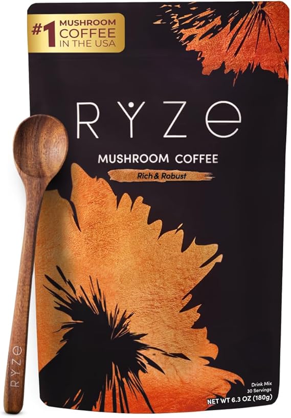 RYZE SUPERFOODS Mushroom Coffee Dark Roast, 6 Adaptogenic Mushrooms &amp; Prebiotic Blend, Instant Coffee Supports Energy, Focus, Digestion &amp; Immunity, Lions Mane &amp; Turkey Tail, 30 Servings.  DestGlow