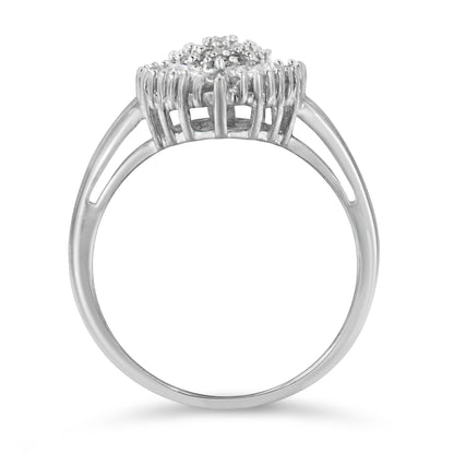 10K White Gold 1/2 Cttw Round &amp; Baguette Cut Diamond Pear Shaped Domed PavÃ© Cluster with Halo Cocktail Ring (H-I Color, SI1-SI2 Clarity) - Size 5 by Bids.com
