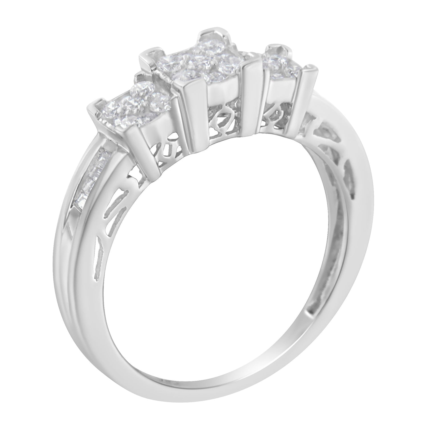 10K White Gold 1/2 Cttw Brilliant &amp; Baguette Cut Diamond 3 Stone Design with 3 Square Clusters Engagement Ring (H-I Color, SI2-I1 Clarity) - Size 6-3/4 by Bids.com