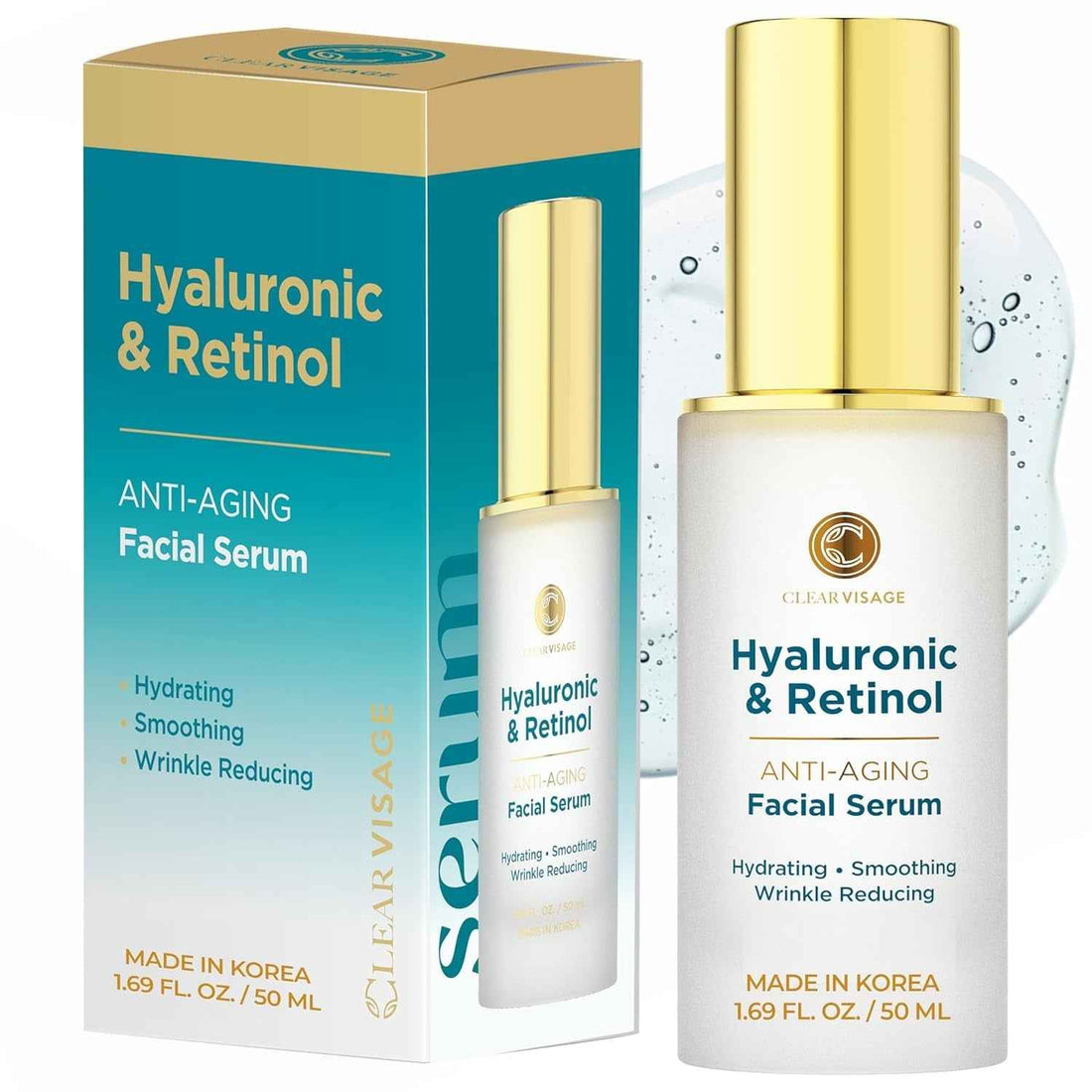 Hyaluronic Acid &amp; Retinol Serum - Revitalizing Anti-Aging, Radiant Glowing Complexion, Wrinkle Reduction - Dermatologist Tested, Korean Skin Care, Clean Beauty - 1.69 Fl. Oz