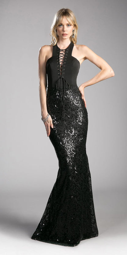 Cinderella Divine 62495 Halter Lace Up Bodice Sequins Gown Open Back by DiscountDressShop