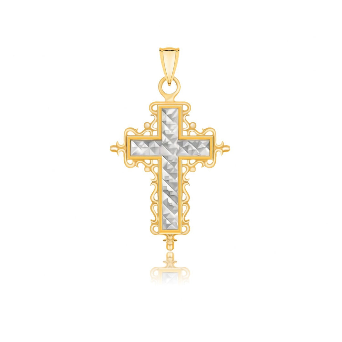 14k Two-Tone Gold Diamond Cut and Baroque Inspired Cross Pendant by Bids.com