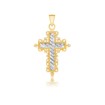 14k Two-Tone Gold Diamond Cut and Baroque Inspired Cross Pendant by Bids.com