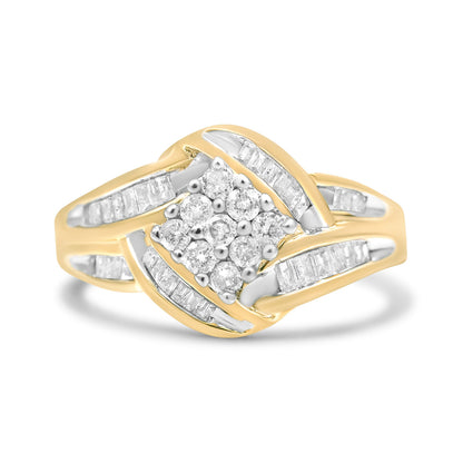 10K Yellow and White Gold 3/4 Cttw Diamond Cluster and Swirl Ring (H-I Color, I1-I2 Clarity) by Bids.com