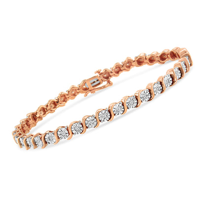 14K Rose Gold Plated .925 Sterling Silver 1/4 Cttw Diamond Round Miracle Plate and "S" Link Tennis Bracelet (I-J Color, I2- I3 Clarity) - 7" by Bids.com