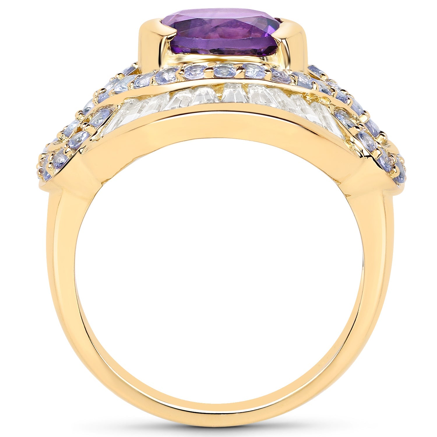 14K Yellow Gold Plated 3.93 Carat Genuine Amethyst, Tanzanite and White Topaz .925 Sterling Silver Ring by Bids.com