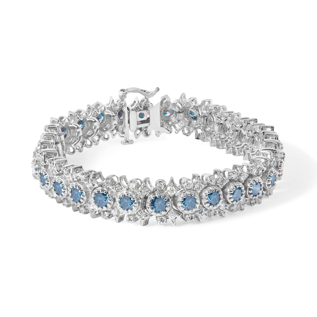 14K White Gold 10.0 Cttw Blue and White Diamond Vintage-Inspired Floral Cluster Link 7" Bracelet (H-I Color, SI2-I1 by Bids.com