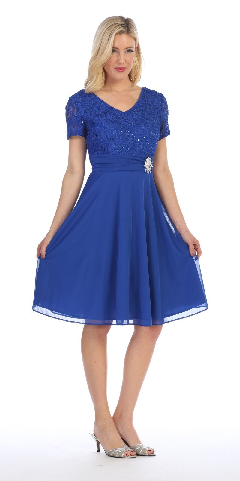 CLEARANCE - Celavie 6320S Knee Length Dress With Short Sleeves (Size L) by DiscountDressShop