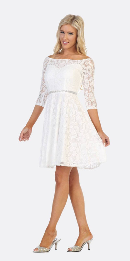 CLEARANCE - Celavie 6343S Off-the-Shoulder Short Lace A-Line Dress (Size XL) by DiscountDressShop