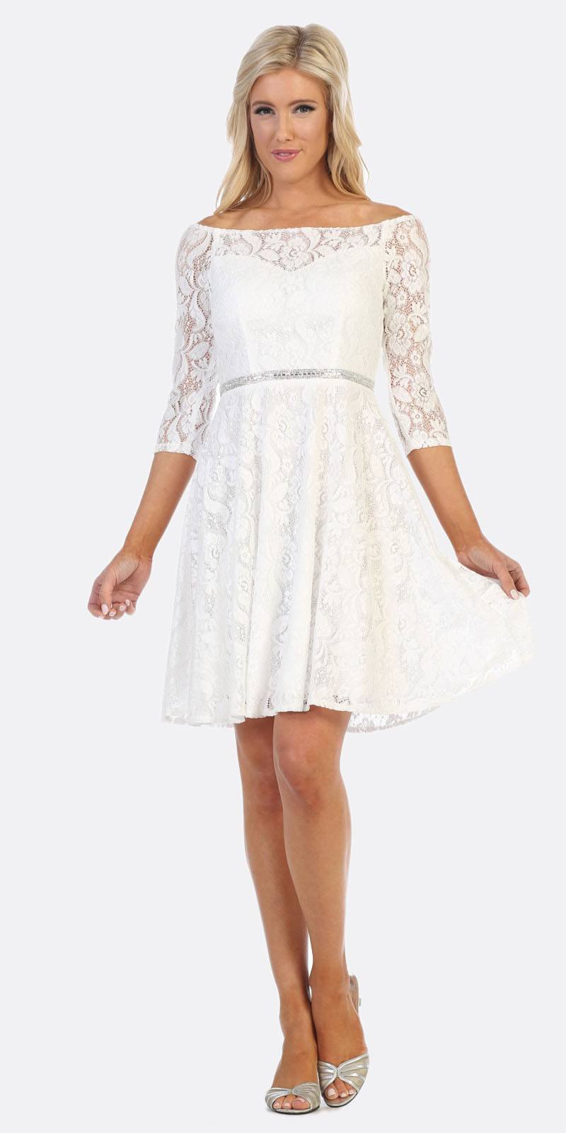 CLEARANCE - Celavie 6343S Off-the-Shoulder Short Lace A-Line Dress (Size XL) by DiscountDressShop