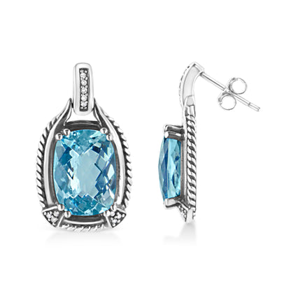 .925 Sterling Silver 14x10MM Cushion Cut Blue Topaz Gemstone and Diamond Accent Dangle Earring (I-J Color, I1-I2 Clarity) by Bids.com
