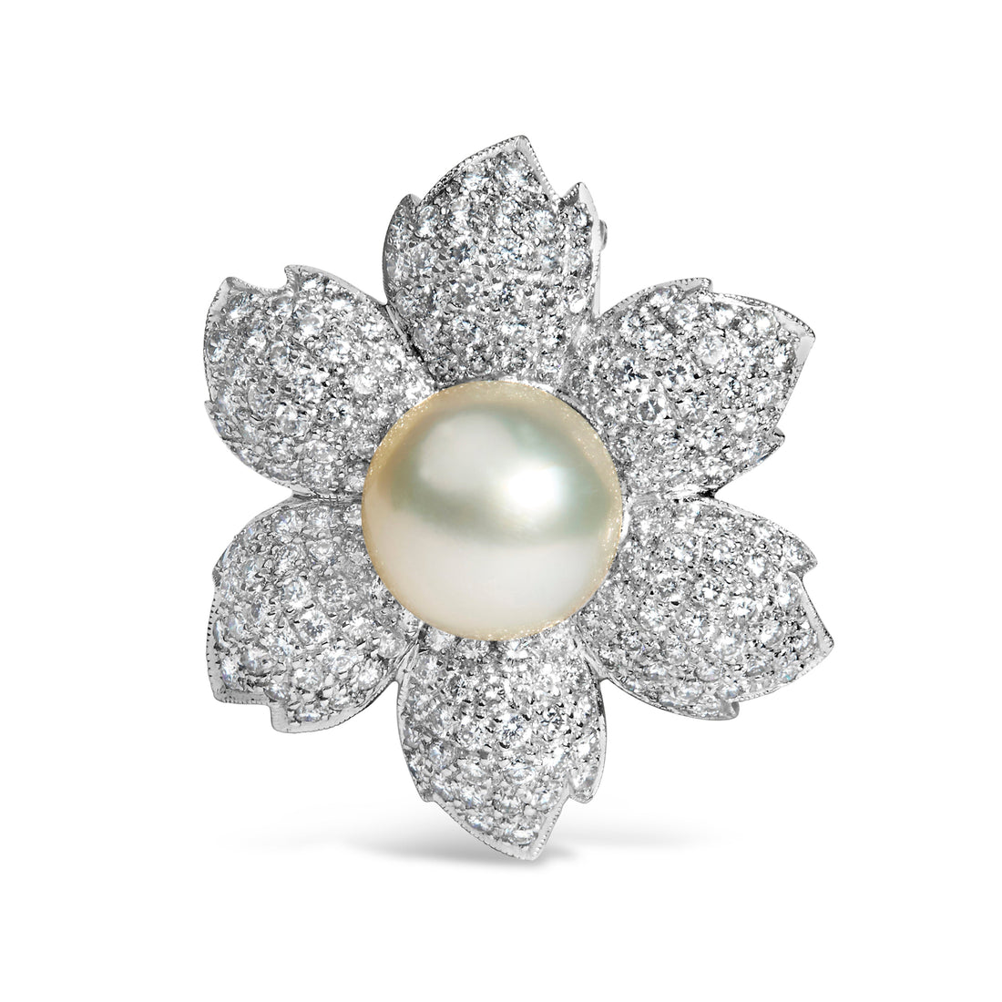 18K White Gold 2 3/4 Cttw Diamond and 12.5 MM Cultured Freshwater Pearl Floral Brooch Pin (G-H Color, VS1-VS2 Clarity) by Bids.com