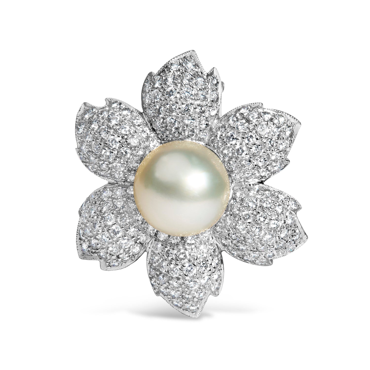 18K White Gold 2 3/4 Cttw Diamond and 12.5 MM Cultured Freshwater Pearl Floral Brooch Pin (G-H Color, VS1-VS2 Clarity) by Bids.com