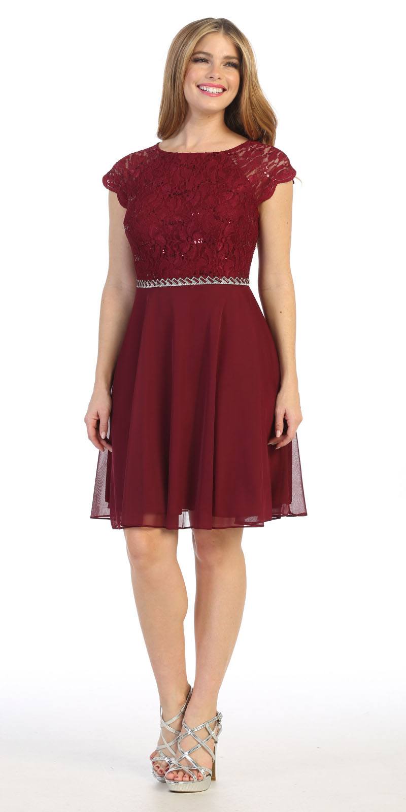 CLEARANCE - Celavie 6394-S Embellished Waist Short Sleeve Dress (Size 2XL) by DiscountDressShop