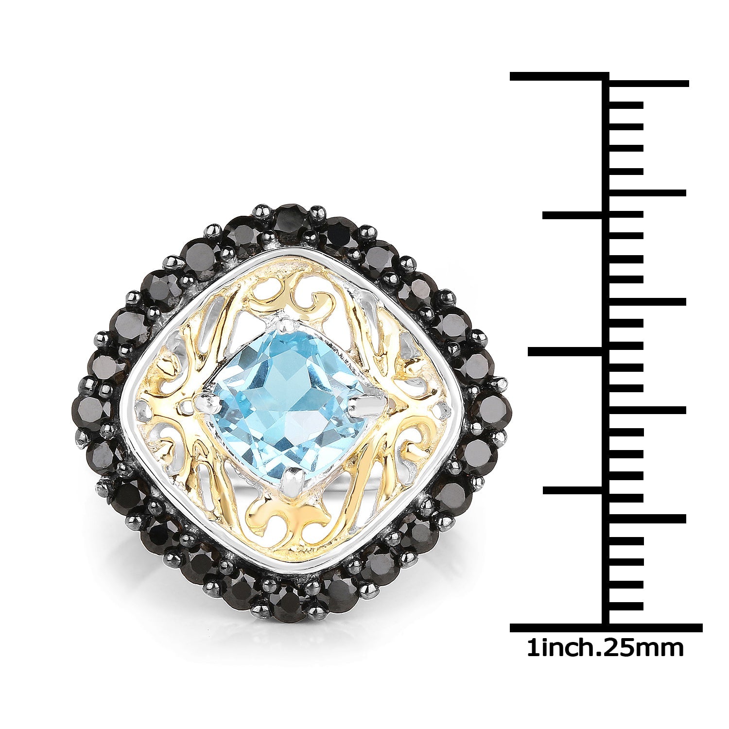 Two Tone Plated 2.85 Carat Genuine Swiss Blue Topaz and Black Spinel .925 Sterling Silver Ring by Bids.com