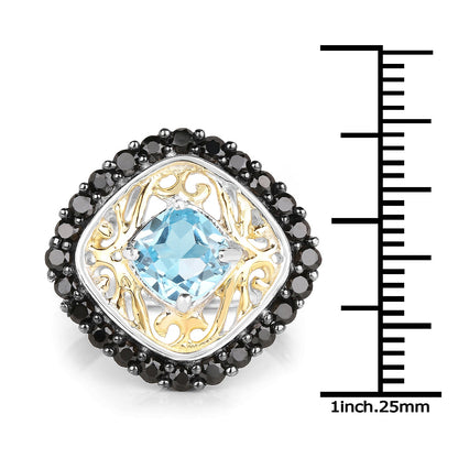 Two Tone Plated 2.85 Carat Genuine Swiss Blue Topaz and Black Spinel .925 Sterling Silver Ring by Bids.com
