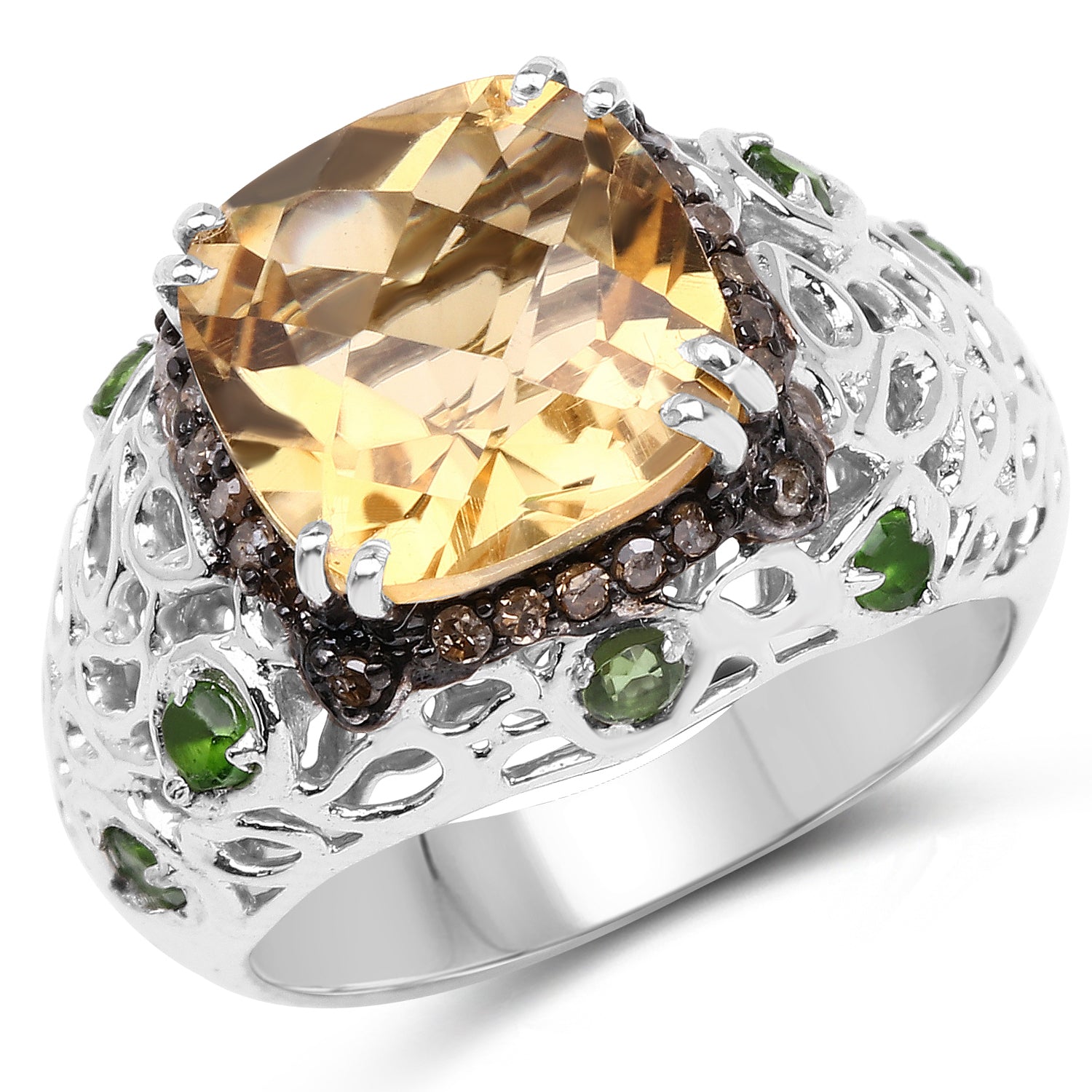 4.13 Carat Genuine Citrine, Chrome Diopside &amp; Champagne Diamond .925 Sterling Silver Ring by Bids.com