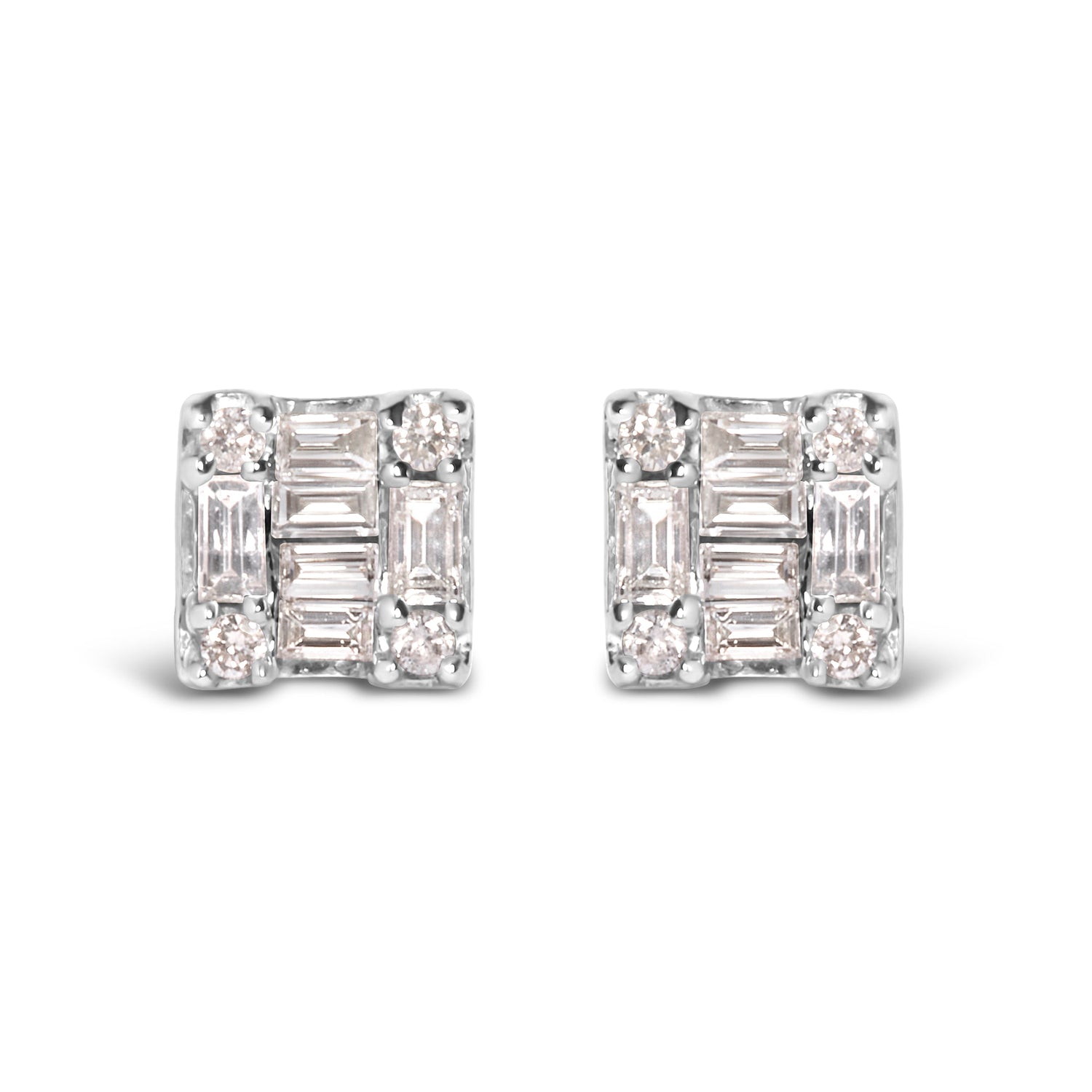 10K White Gold 1/7 Cttw Round and Baguette Diamond Mosaic Square Stud Earrings (H-I Color, I1-I2 Clarity) by Bids.com