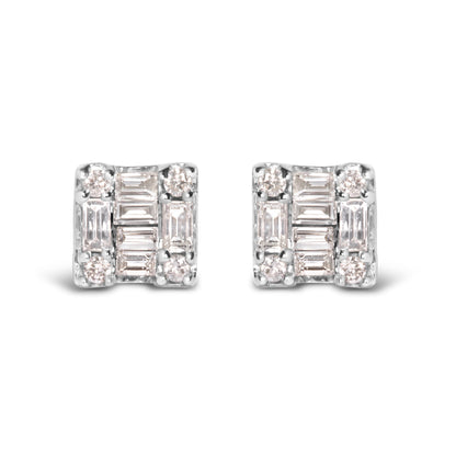10K White Gold 1/7 Cttw Round and Baguette Diamond Mosaic Square Stud Earrings (H-I Color, I1-I2 Clarity) by Bids.com
