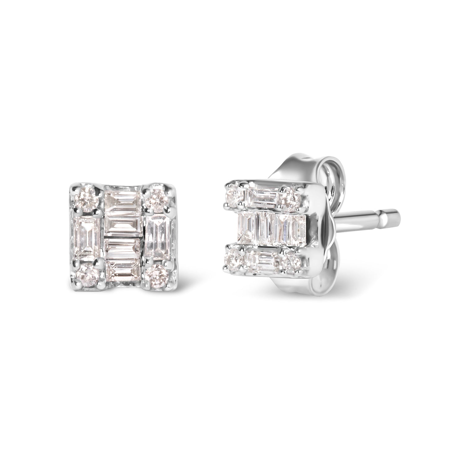 10K White Gold 1/7 Cttw Round and Baguette Diamond Mosaic Square Stud Earrings (H-I Color, I1-I2 Clarity) by Bids.com